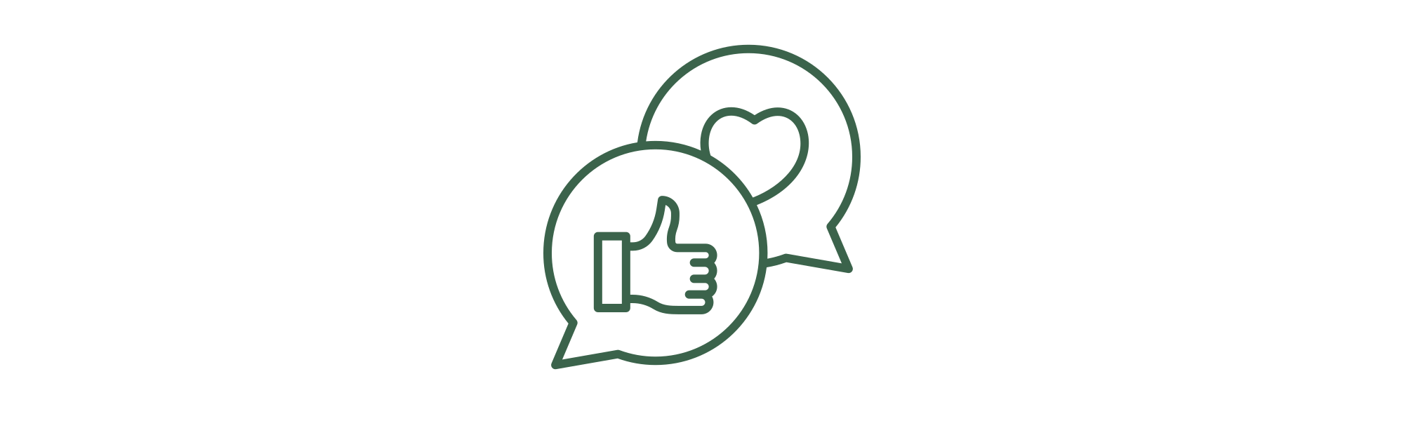 A green drawing of two chat bubbles, one with a thumbs up and one with a heart