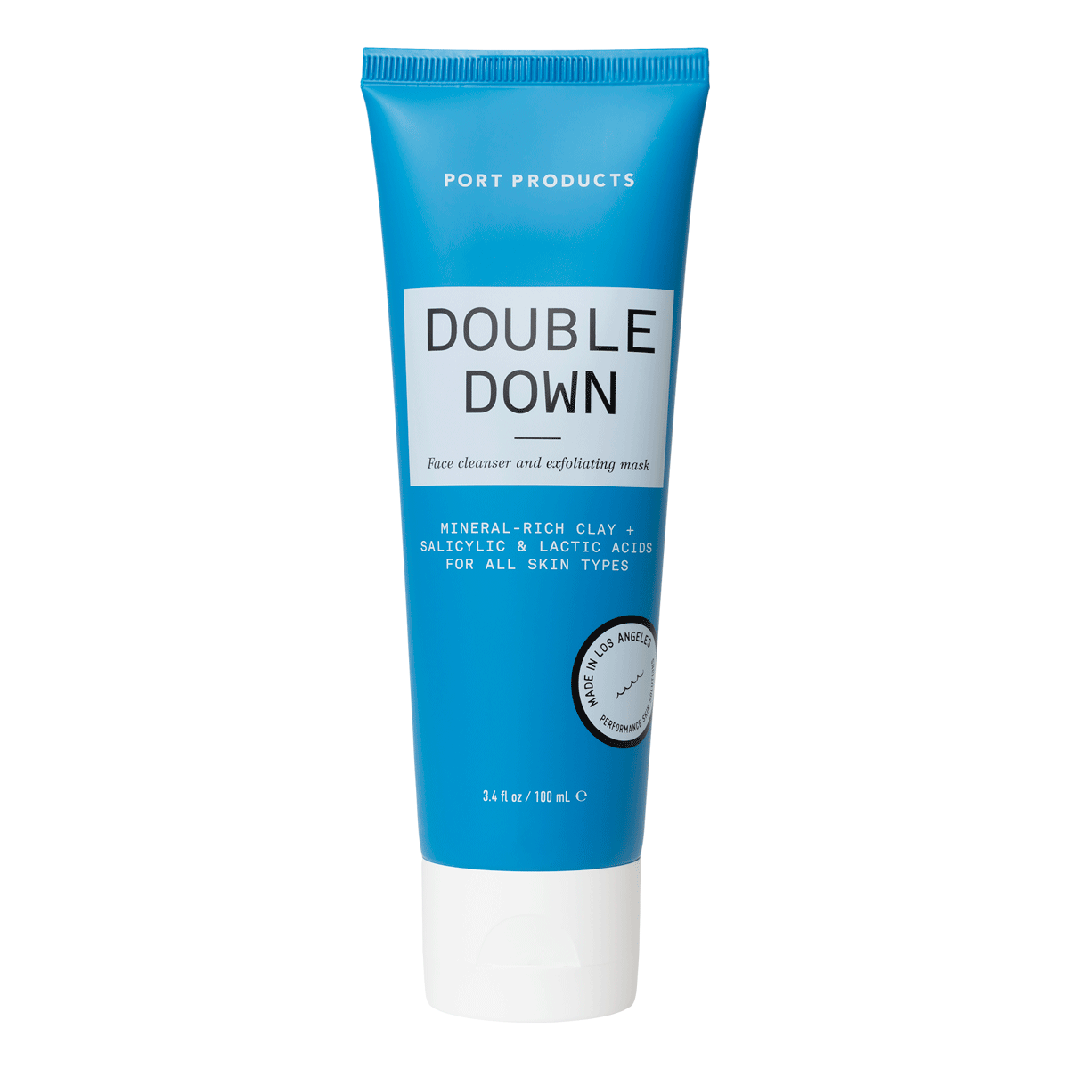 Double Down Face Cleanser and Exfoliating Mask blue tube on white background
