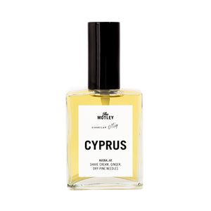 The Motley Cyprus Fragrance in a glass bottle with gold liquid and a black pump cap against a white background