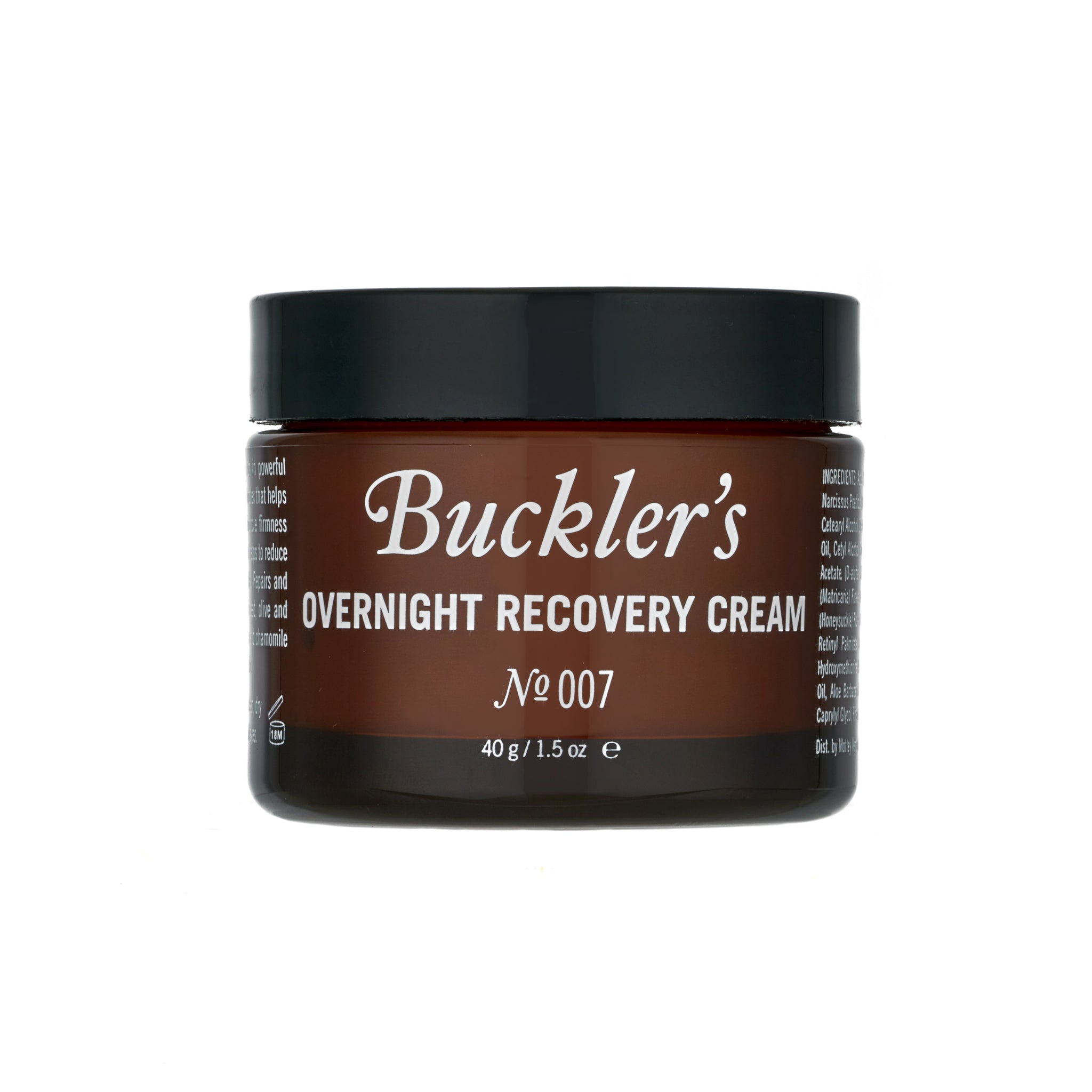 The Buckler's Overnight Recovery Cream in a brown glass jar with a black lid against a white background.