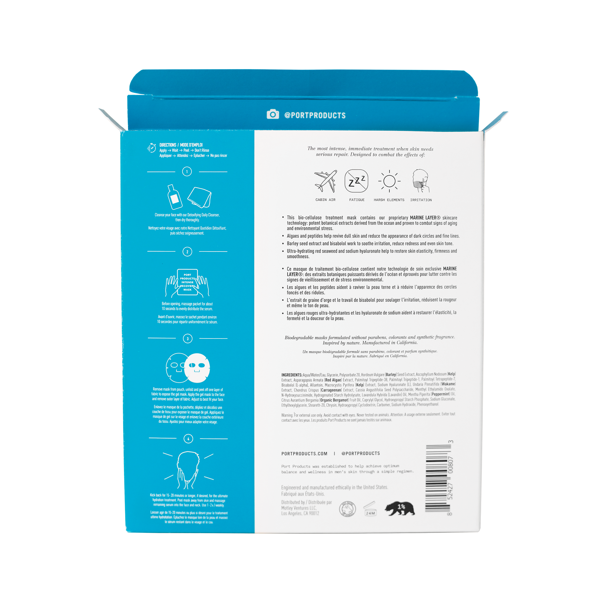 The back side of the blue and white Port Products Intense Recovery Treatment Mask (4-pack) carton that has directions for how to apply.