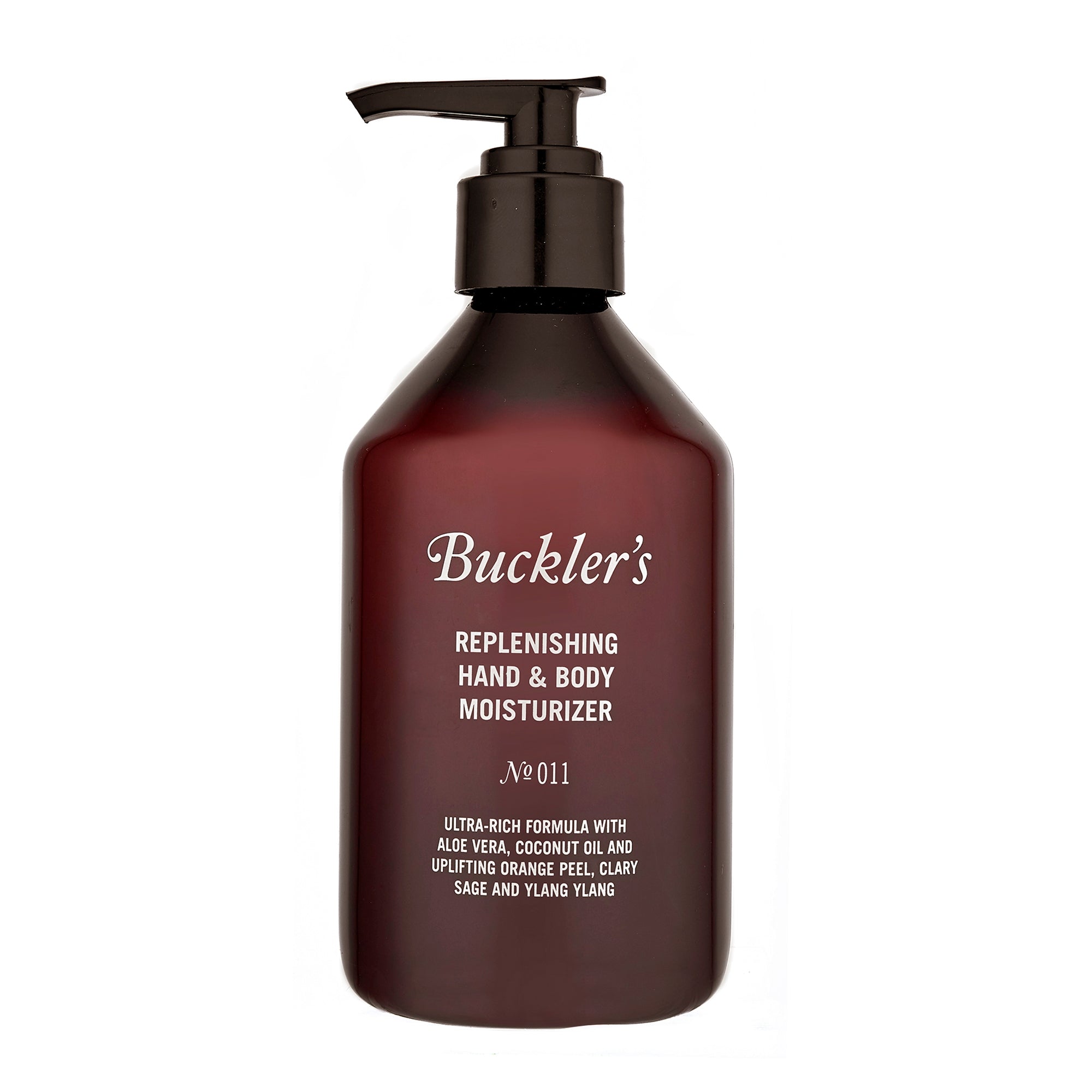 The Buckler's Replenishing Hand & Body Moisturizer in a red wine-colored bottle with a black pump top stands against a white background.