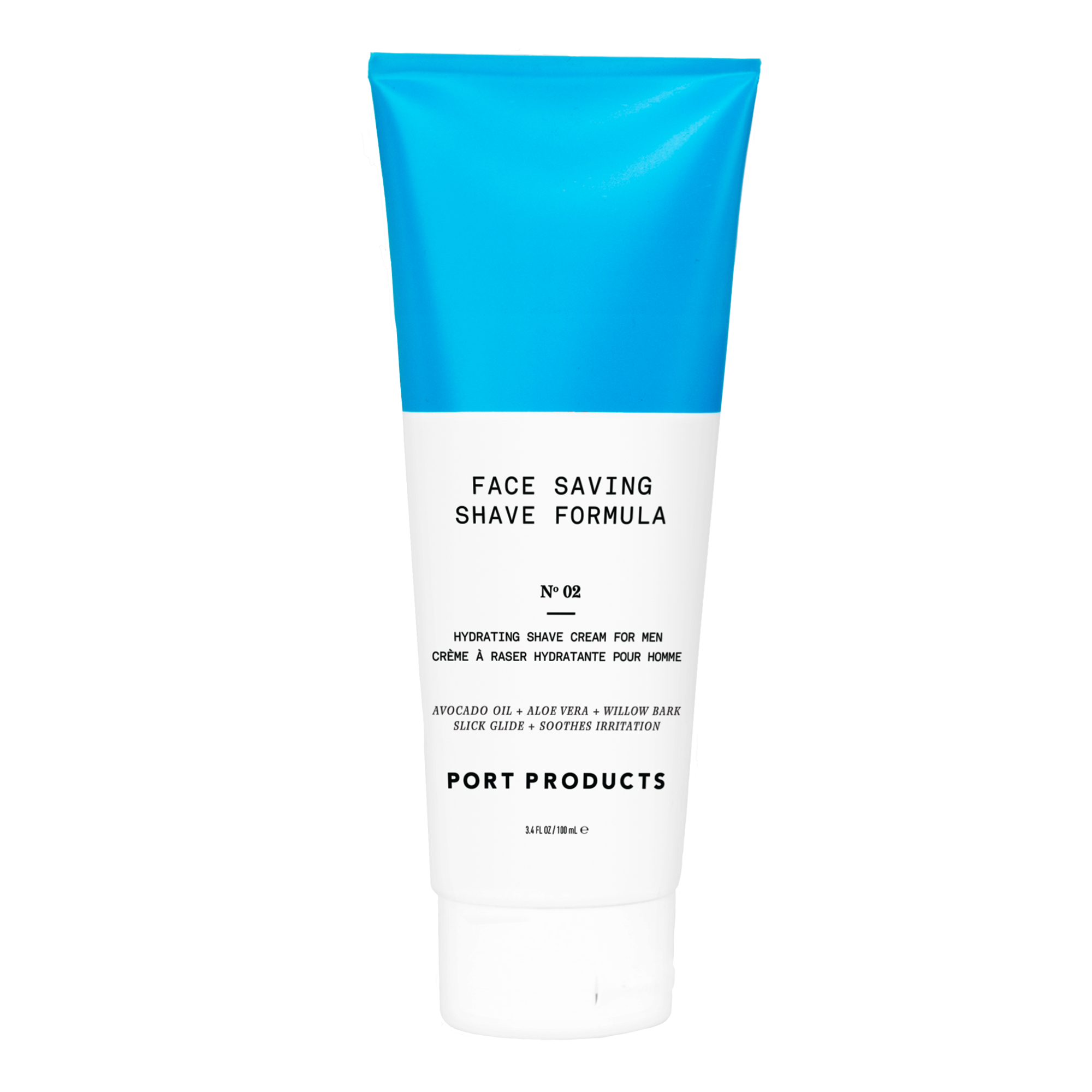 Port Products Face Saving Shave Formula white and blue tube against a white background.