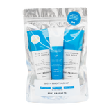 Port Products Daily Essentials Kit  with blue and white tubes of shave formula, daily moisturizer and face scrub in a silver pouch