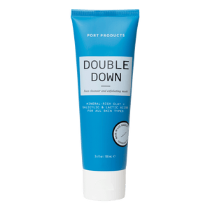 Double Down Face Cleanser and Exfoliating Mask blue tube on white background