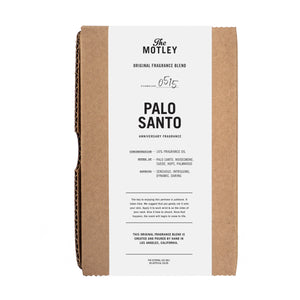 The Motley Palo Santo Fragrance packaged in a cardboard box with a white label against a white background.