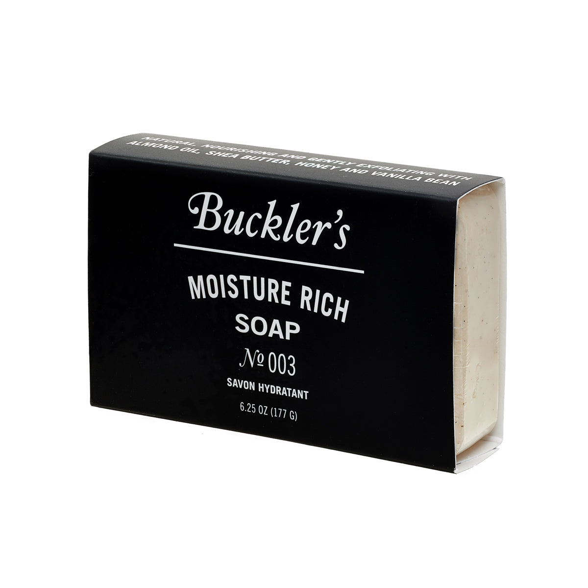 The Buckler's Moisture Rich Soap bar in a black sleeve against a white background.