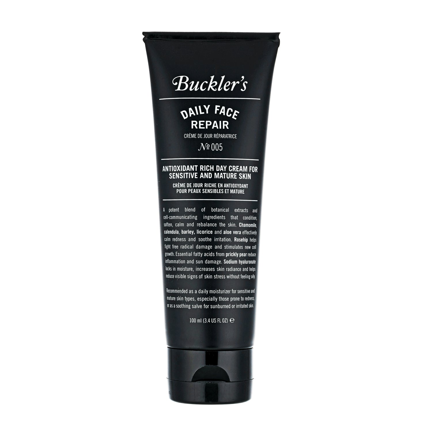 The Buckler's Daily Face Repair in a black tube with a black cap against a white background.